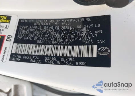 2021 Lexus Es 350 F Sport из США, поврежденный, VIN 58AGZ1B16MU103457